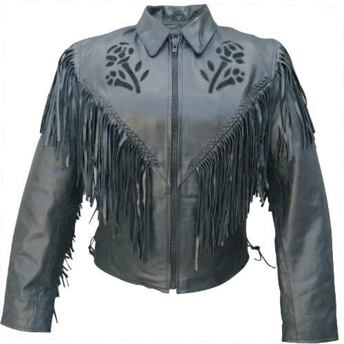 (image for) Ladies black rose Cowhide Leather jacket with fringe